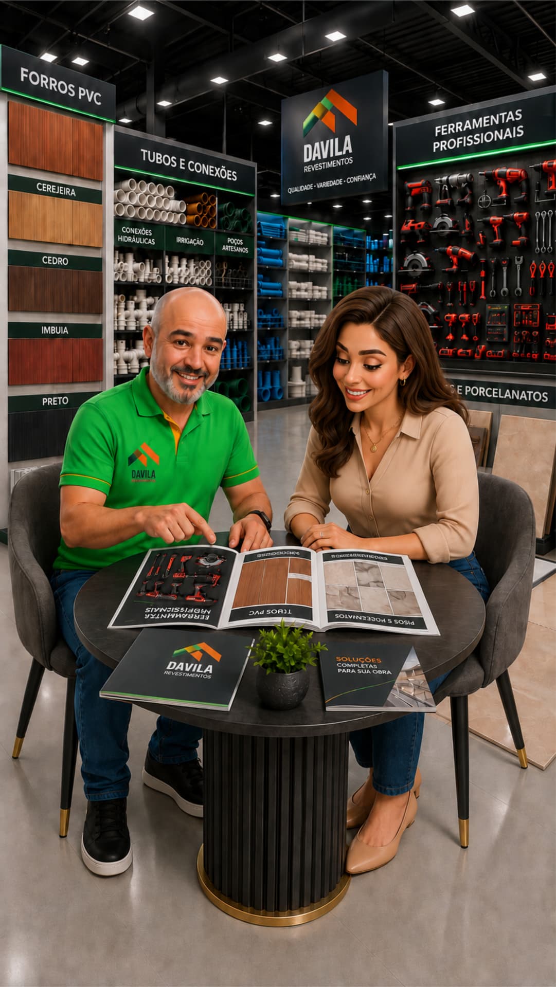 Atendimento consultivo com catálogos e amostras de revestimentos